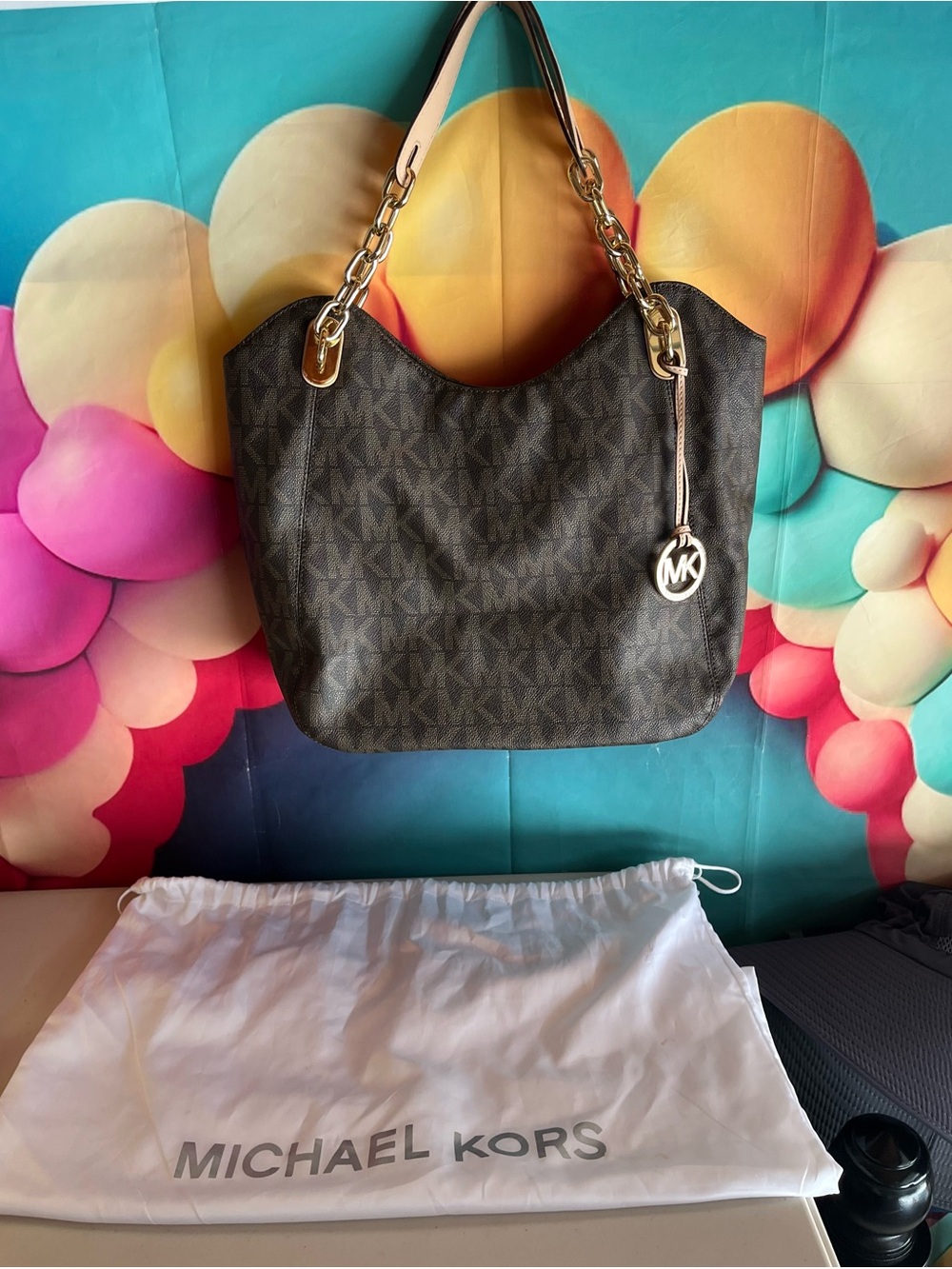 Michael Kors Brown Logo-Print Shoulder Tote with Gold Hardware